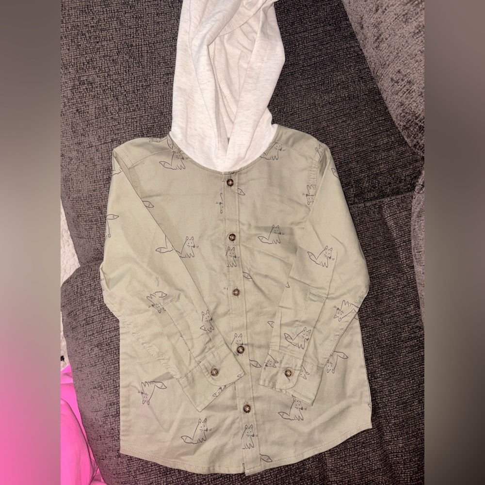 Carter's Olive Fox Print Button Down Shirt with Hood